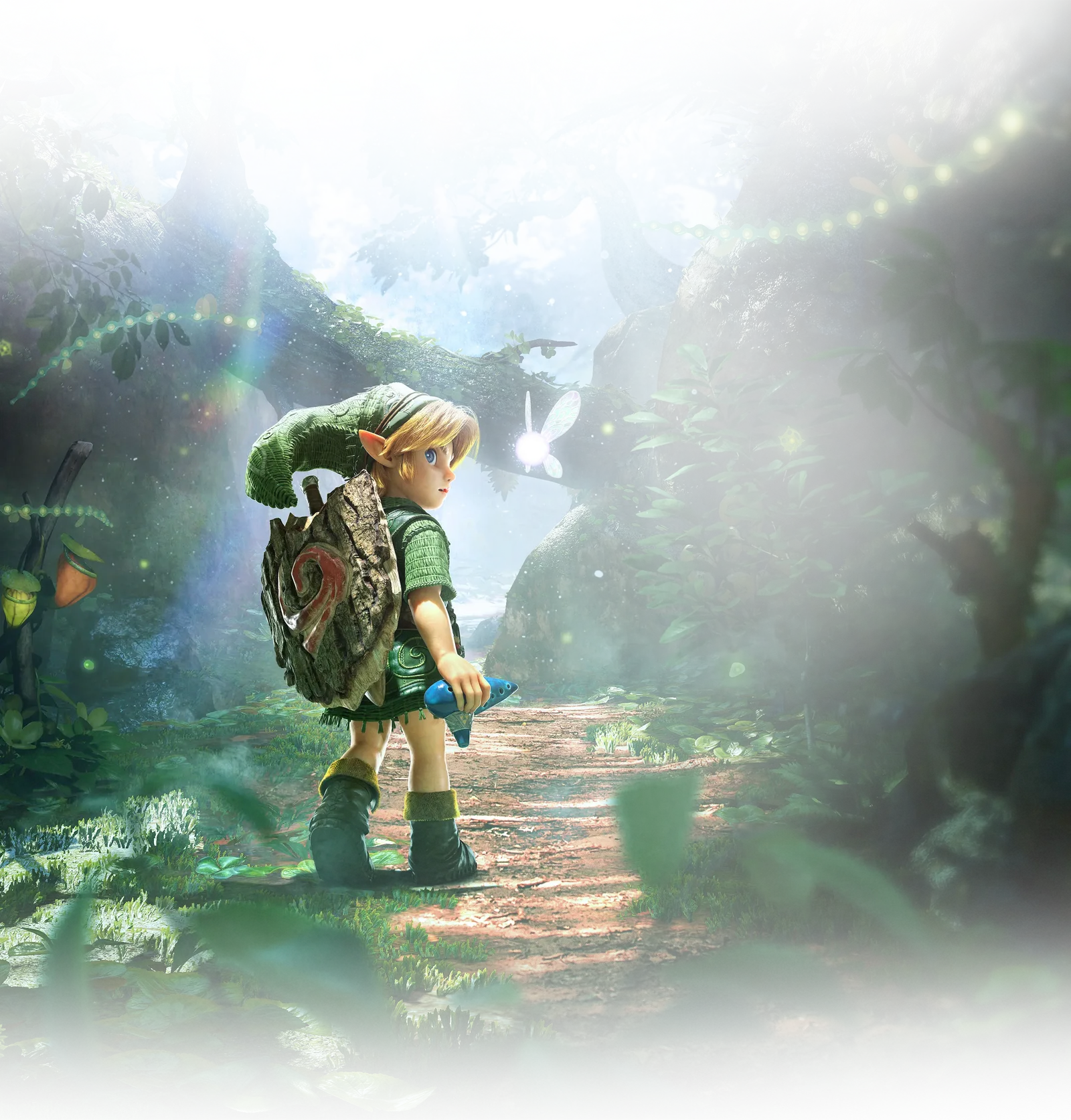 Link niño caminando por el bosque con Navi en el remake